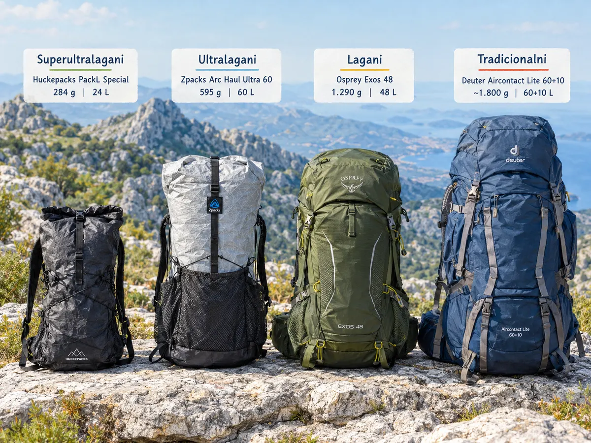 Četiri ruksaka na stijeni s natpisima: superultralagani Huckepacks PackL Special (284 g, 24 L), ultralagani Zpacks Arc Haul Ultra 60 (595 g, 60 L), lagani Osprey Exos 48 (1.290 g, 48 L) i tradicionalni Deuter Aircontact Lite 60+10 (oko 1.800 g, 60+10 L)