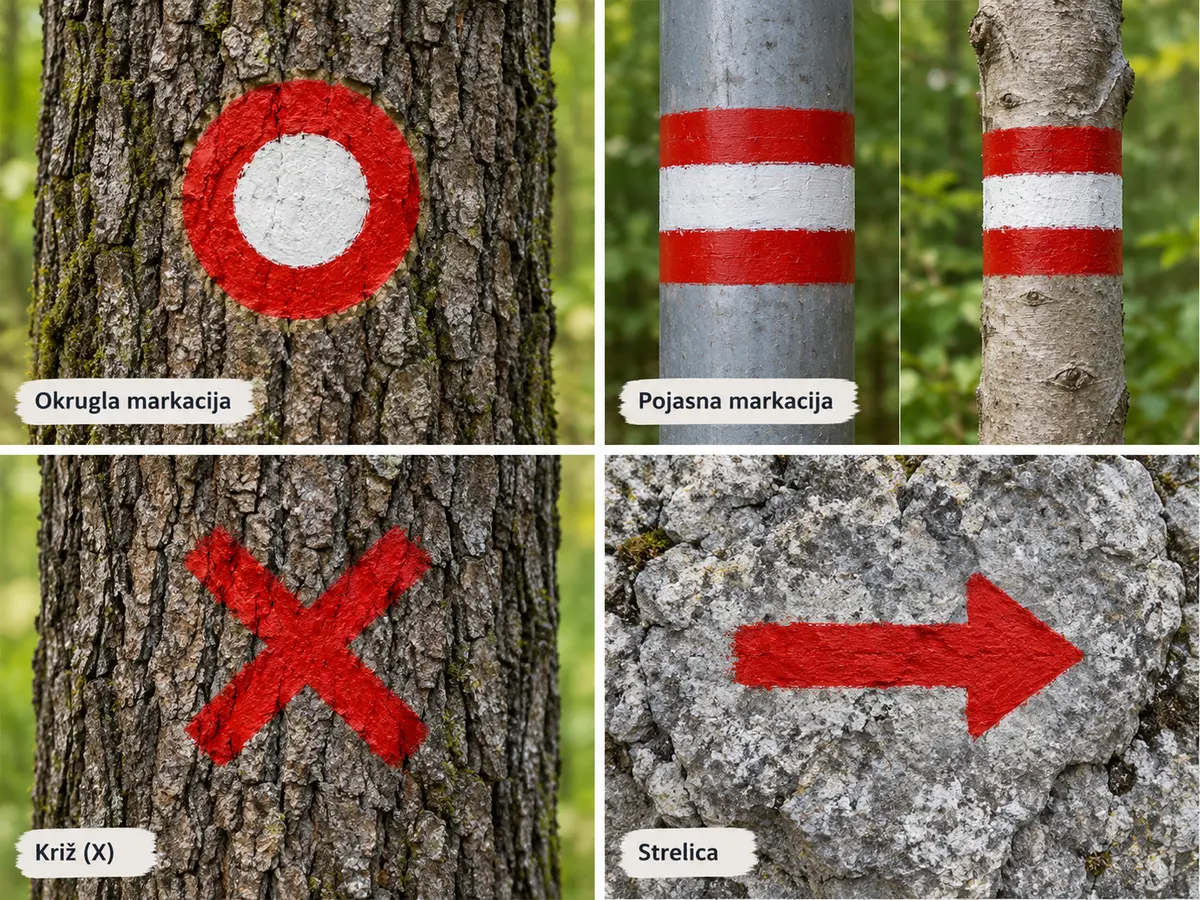 Četiri oznake na terenu s natpisima: okrugla markacija na kori stabla, pojasna markacija na metalnoj cijevi i na tankom stablu, crveni križ (X) na stablu i crvena strelica na stijeni