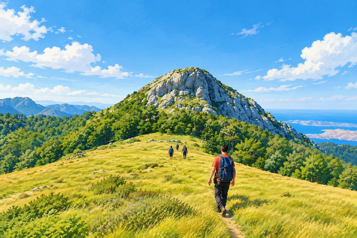 Grupa planinara s ruksacima hoda u koloni travnatim grebenom prema stjenovitom vrhu, a u daljini se vidi more s otocima